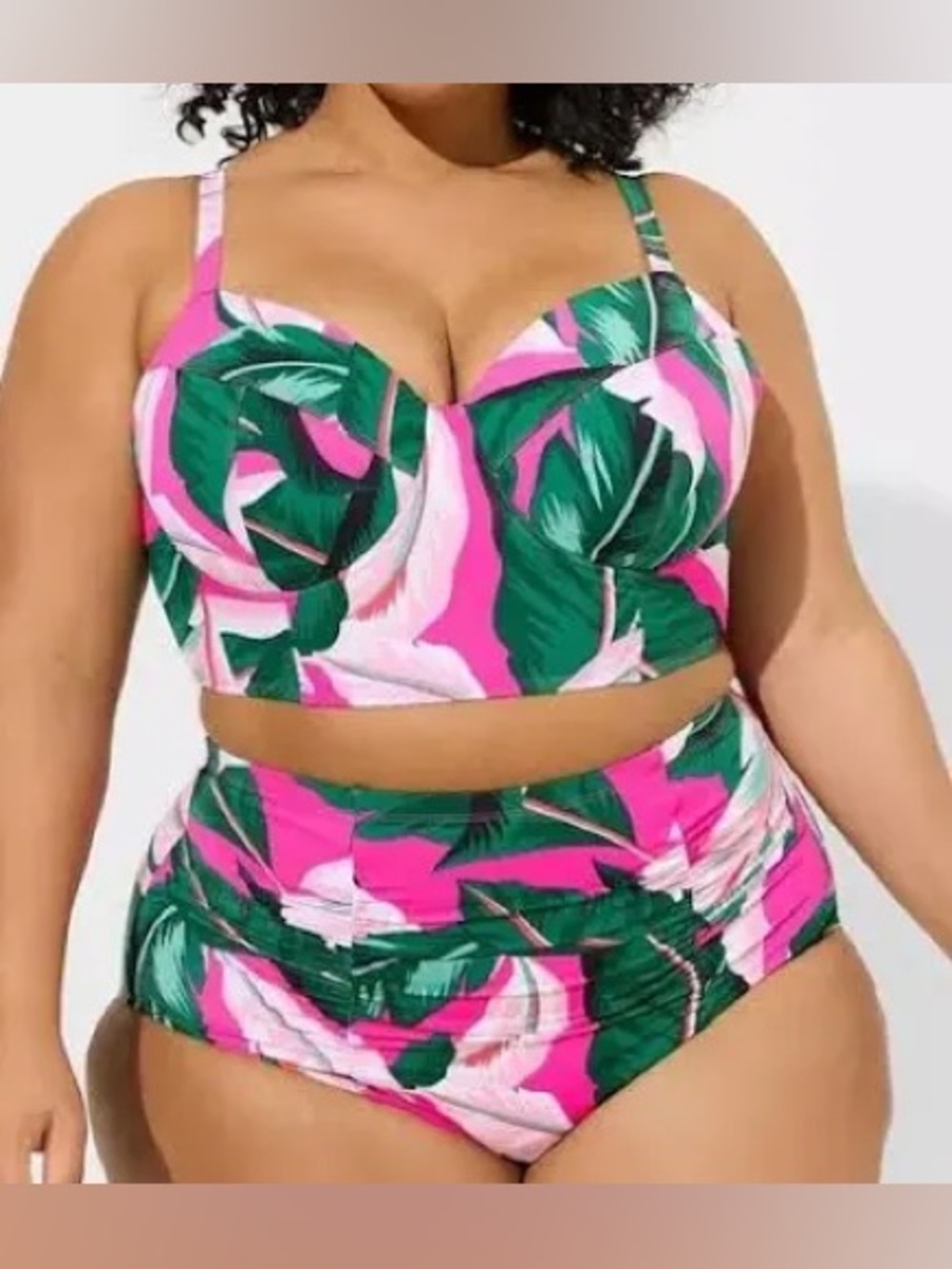 Torrid Underwire Long Line Bikini Top Layered Foliage Pink Glo